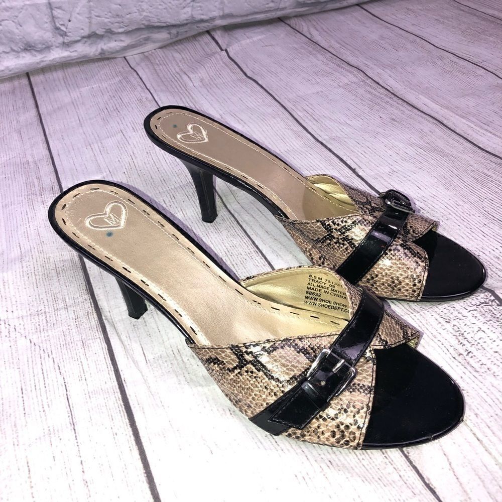 Madeline open toe Heeled pumps black tan size 8.5